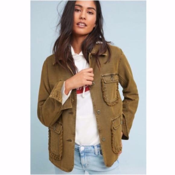 Anthropologie Army Green Ruffled Utility Jacket - Picture 1 of 5